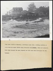 From Rocky Ledge at Cohasset, a hurricane looks like a boiling cauldron as waves lash the stone cliffs along Jerusalem Road. Waves and excessive high tides account for most property and life loss when hurricane hit New England.