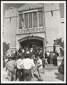 Boston English High students file into school as teachers stike ended shutdown.