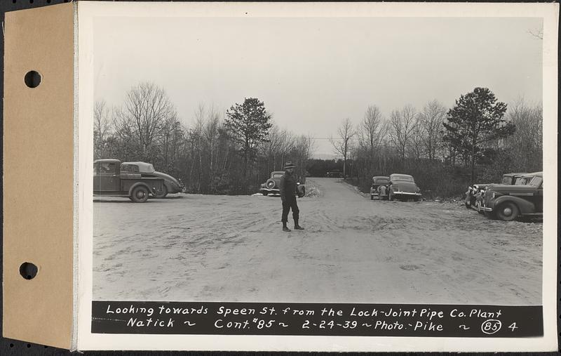 Contract No. 85, Manufacture and Delivery of Precast Concrete Steel Cylinder Pipe, Southborough, Framingham, Wayland, Natick, Weston, looking towards Speen Street from the Lock Joint Pipe Co. Plant, Natick, Mass., Feb. 24, 1939