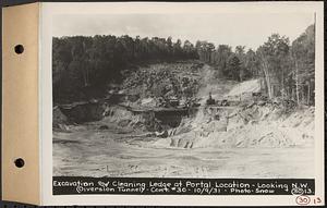 Contract No. 30, Stream Control Works at Main Dam, Swift River Reservoir, Belchertown, Enfield, Ware, excavation and cleaning ledge at portal location, looking northwest, diversion tunnel, Belchertown, Mass., Oct. 9, 1931