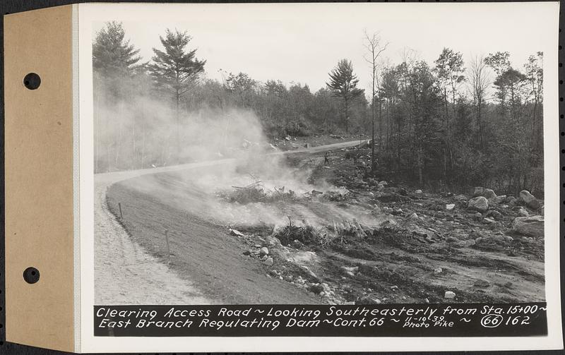 Contract No. 66, Regulating Dams, Middle Branch (New Salem), and East Branch of the Swift River, Hardwick and Petersham (formerly Dana), clearing Access Road, looking southeasterly from Sta. 15+00, east branch regulating dam, Hardwick, Mass., Nov. 10, 1939