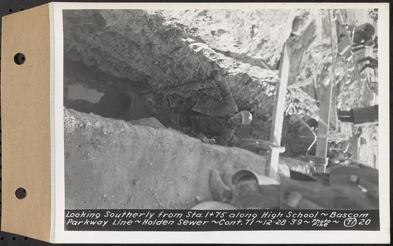 Contract No. 71, WPA Sewer Construction, Holden, looking southerly from Sta. 1+75 along High School-Bascom Parkway line, Holden Sewer, Holden, Mass., Dec. 28, 1939