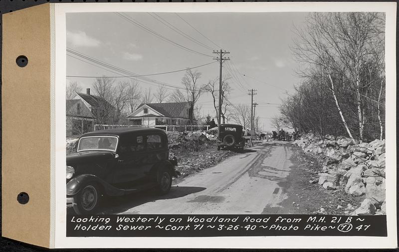 Contract No. 71, WPA Sewer Construction, Holden, looking westerly on Woodland Road from manhole 21B, Holden Sewer, Holden, Mass., Mar. 26, 1940