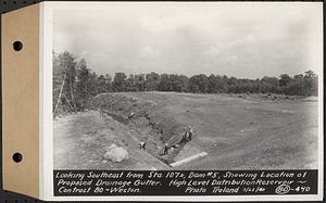 Contract No. 80, High Level Distribution Reservoir, Weston, looking southeast from Sta. 107+/-, dam 5, showing location of proposed drainage gutter, high level distribution reservoir, Weston, Mass., Jul. 23, 1940