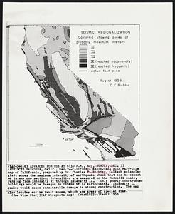 California Earthquake Risk Map -- This map of California, prepared by Dr. Charles F. Richter, Caltech seismologist, shows the maximum intensity of earthquake shock that can be expected in any one section. Intensities are measured on the Mercalli scale, ranging from Intensity VI through Intensity IX. Only poorly constructed buildings would be damaged by Intensity VI earthquakes. Intensity IX quakes would cause considerable damage to strong construction. The map also locates active fault zones, which are areas of special risk.