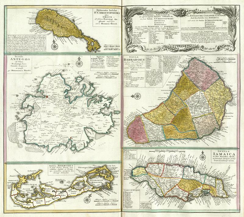 Die Englische Colonie-Lænder auf den Insuln von America und zwar die Insuln S. Christophori, Antegoa, Jamaica, Barbados alles Antillische insuln samt den Ins Bermudes, sonst. Sommers genannt