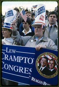 Boston, City Hall Plaza 1984: Supporters of President Reagan hold signs and flags