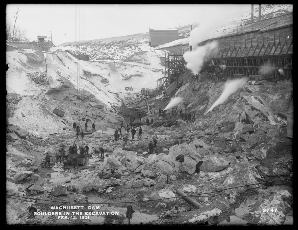 Wachusett Dam, boulders in the excavation, looking upstream, Clinton, Mass., Feb. 12, 1901