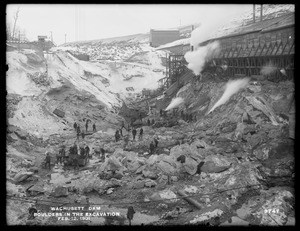 Wachusett Dam, boulders in the excavation, looking upstream, Clinton, Mass., Feb. 12, 1901