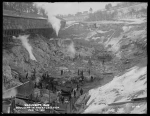 Wachusett Dam, boulders in the excavation, looking downstream, Clinton, Mass., Feb. 12, 1901