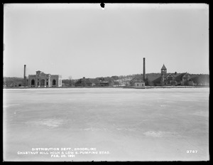 Distribution Department, Chestnut Hill Low Service and High Service Pumping Stations, Effluent Gatehouse No. 2, stone stable in background, Brighton, Mass., Feb. 28, 1901