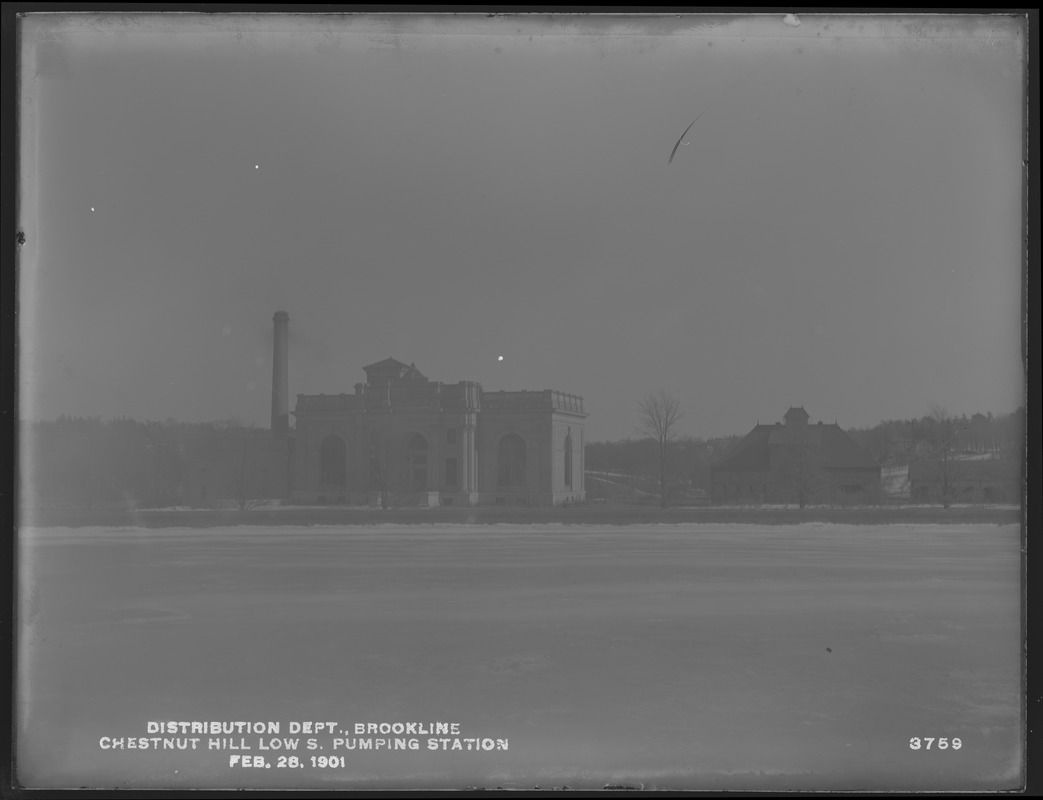 Distribution Department, Chestnut Hill Low Service Pumping Station, stone stable in background, Brighton, Mass., Feb. 28, 1901