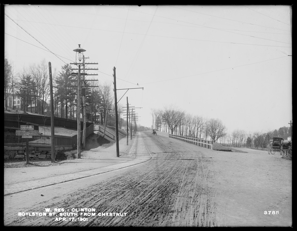 Wachusett Reservoir, Boylston Street, looking south from Chestnut Street, future site of entrance to dam, Clinton, Mass., Apr. 17, 1901