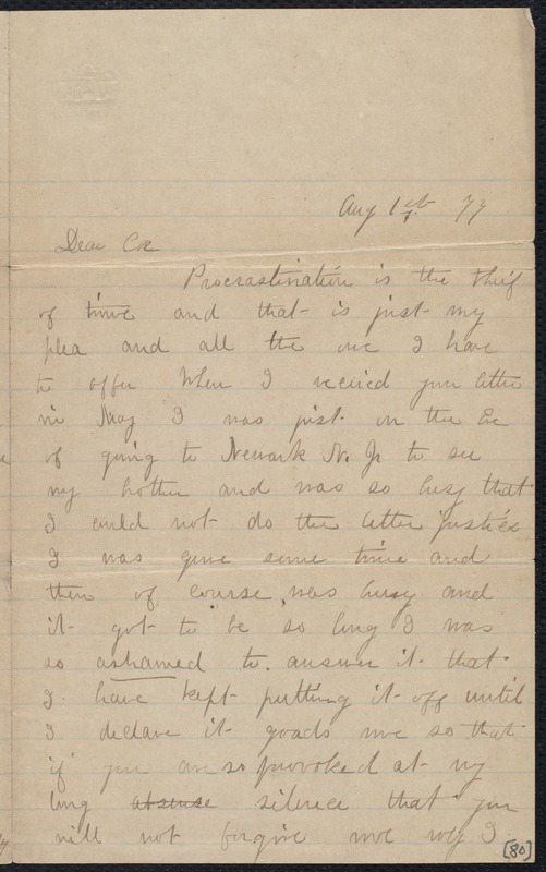 Letter to CR, containing Aspinwall genealogical information, 4/1/1877