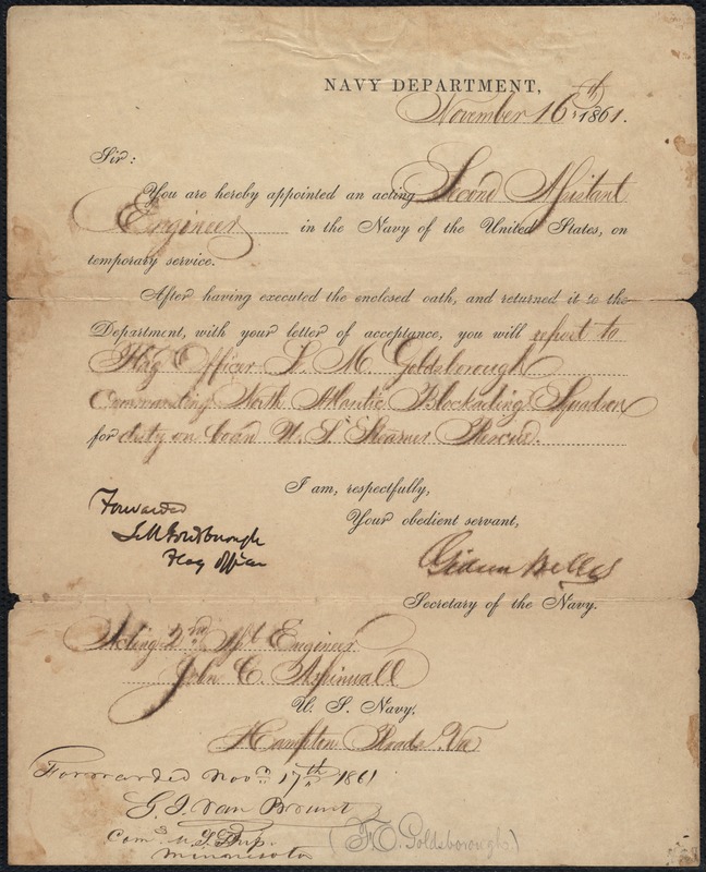 Letter appointing John Aspinwall as engineer in the U.S. Navy, 11/16/1861
