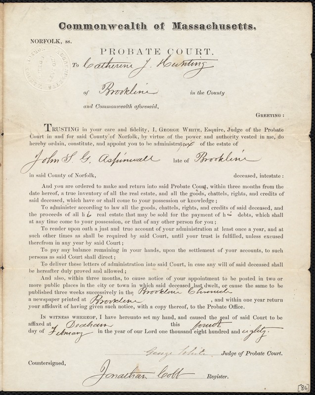 Letter appointing Catherine J. Hunting administratrix of the estate of John S. G. Aspinwall
