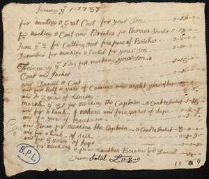 Bill for clothing for Captain T. Sharls and son Daniel