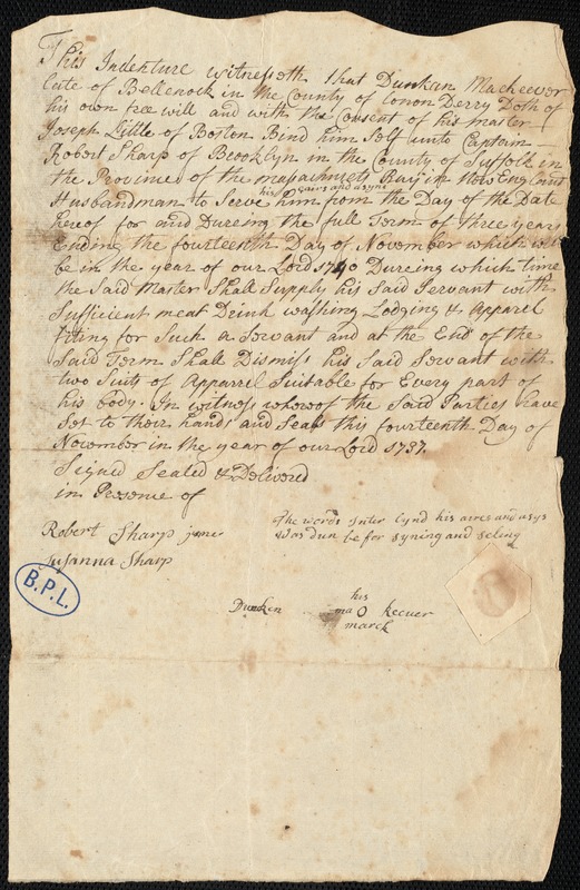 Indenture binding Dunkan MacKeever to Capt. Robert Sharp