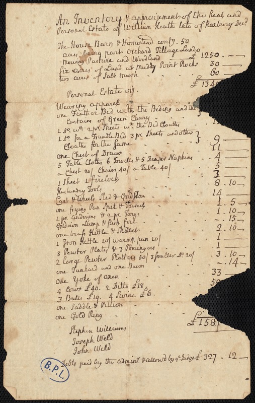 Inventory and appraisement of the estate of William Heath