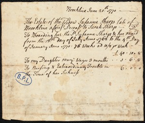 Memorandum of money due Sarah Sharp from the estate of Susanna Sharp