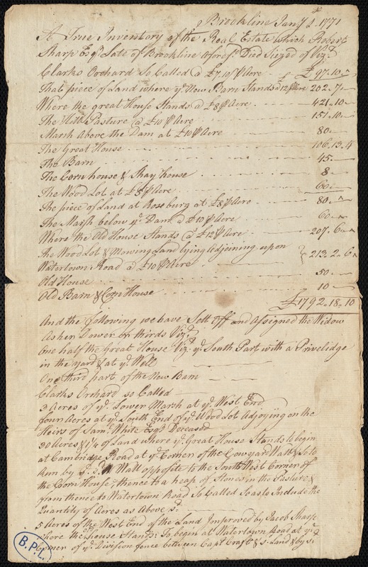 Inventory of real estate which Robert Sharp seized of [?]