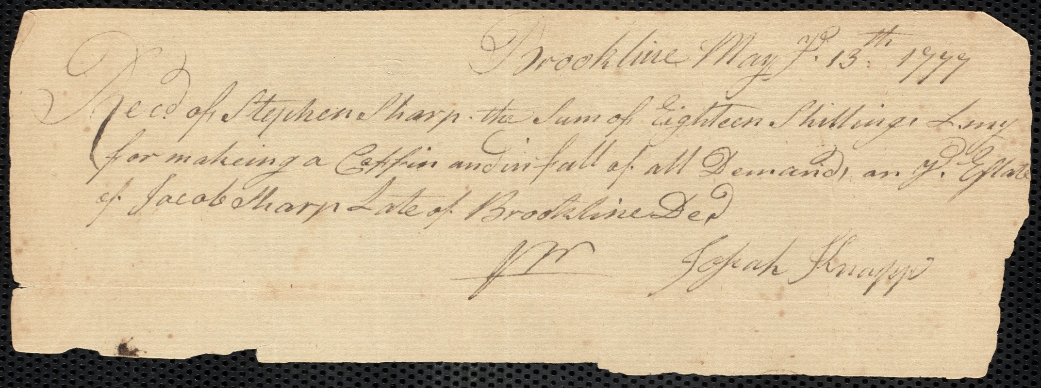 Receipt to Stephen Sharpe for coffin