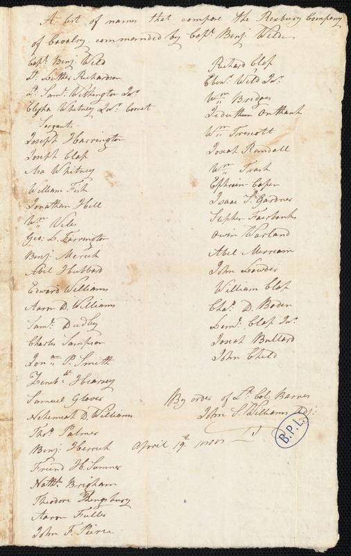 List of names in Roxbury Company of Cavalry commanded by Capt. Benjamin Wilde
