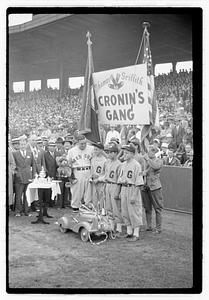 Joe Cronin in front of a sign "Cronin's Gang", Fenway Park