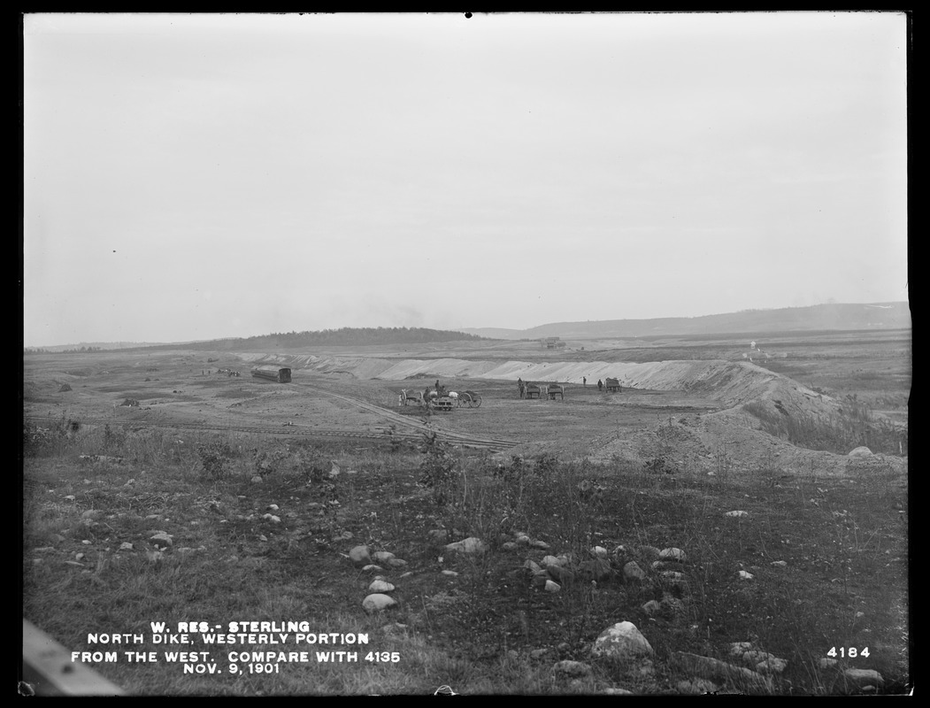 Wachusett Reservoir, North Dike, westerly portion, from the west (compare with No. 4135), Sterling, Mass., Nov. 9, 1901