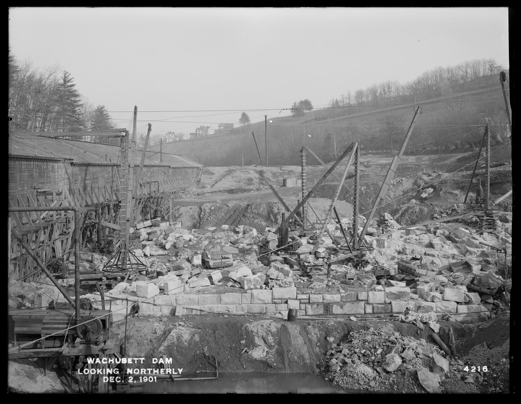 Wachusett Dam, looking northerly, showing progress of masonry