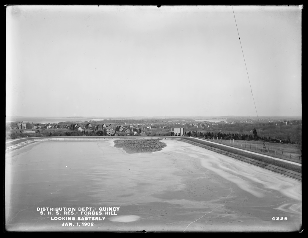 Distribution Department, Southern High Service Forbes Hill Reservoir, looking easterly from reservoir, Quincy, Mass., Jan. 1, 1902