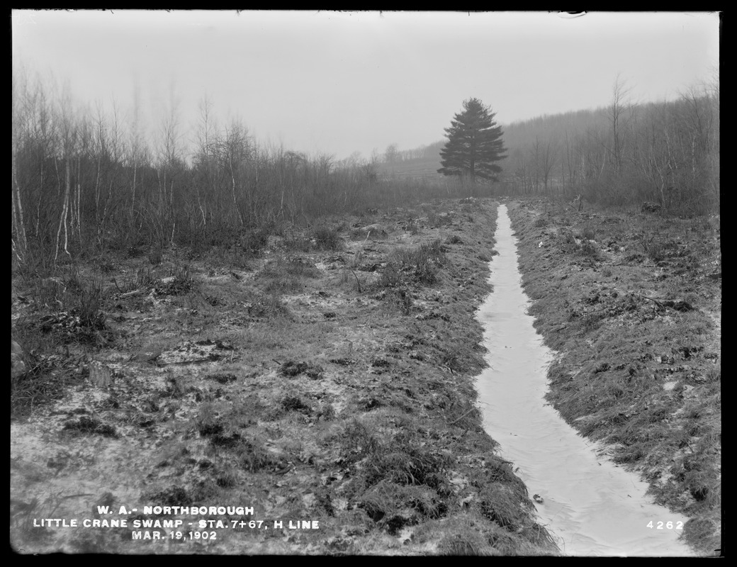 Wachusett Aqueduct, Little Crane Swamp, drainage ditch, station 7+67, H Line, Northborough, Mass., Mar. 19, 1902
