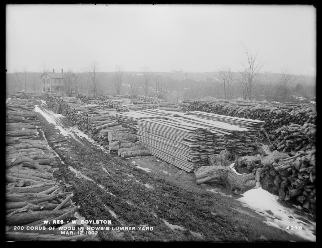 Wachusett Reservoir, 200 cords of wood in Howe's lumber yard, West Boylston, Mass., Mar. 12, 1902