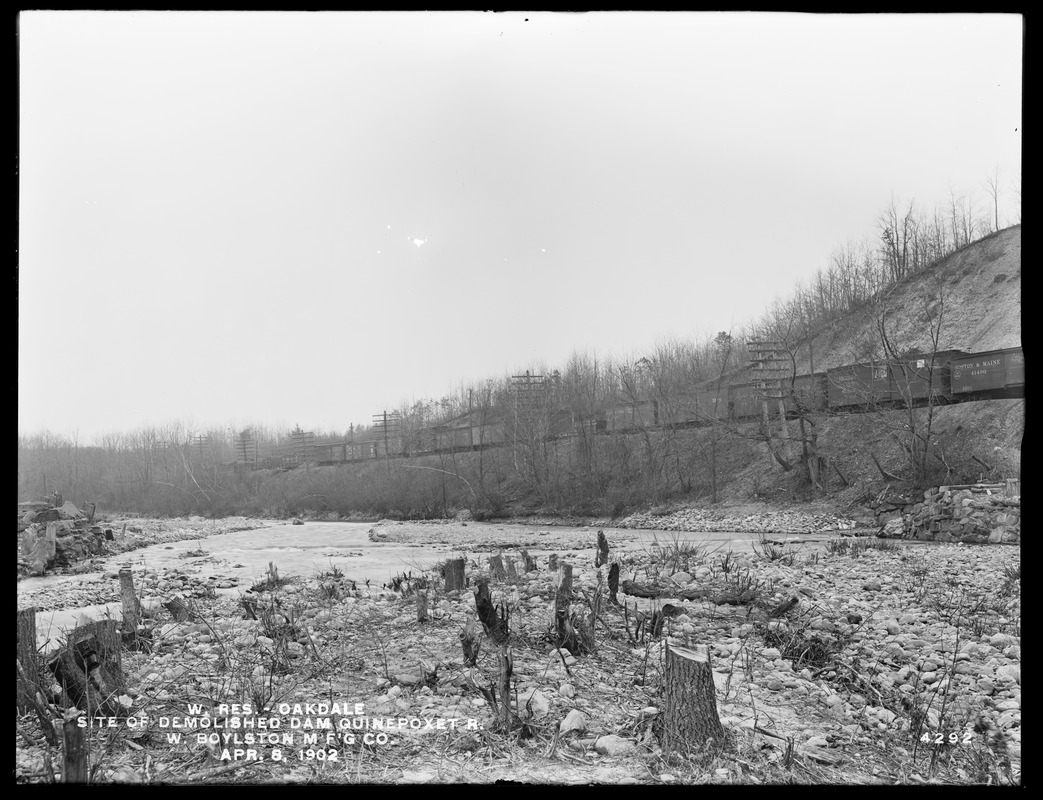 Wachusett Reservoir, site of demolished dam in Quinapoxet River, formerly West Boylston Manufacturing Company, Oakdale, West Boylston, Mass., Apr. 8, 1902