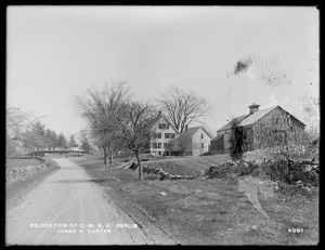 Relocation Central Massachusetts Railroad, Jonas H. Carter's house and barn, looking easterly from road about 15 feet south of hub 8K, Berlin, Mass., Apr. 28, 1902