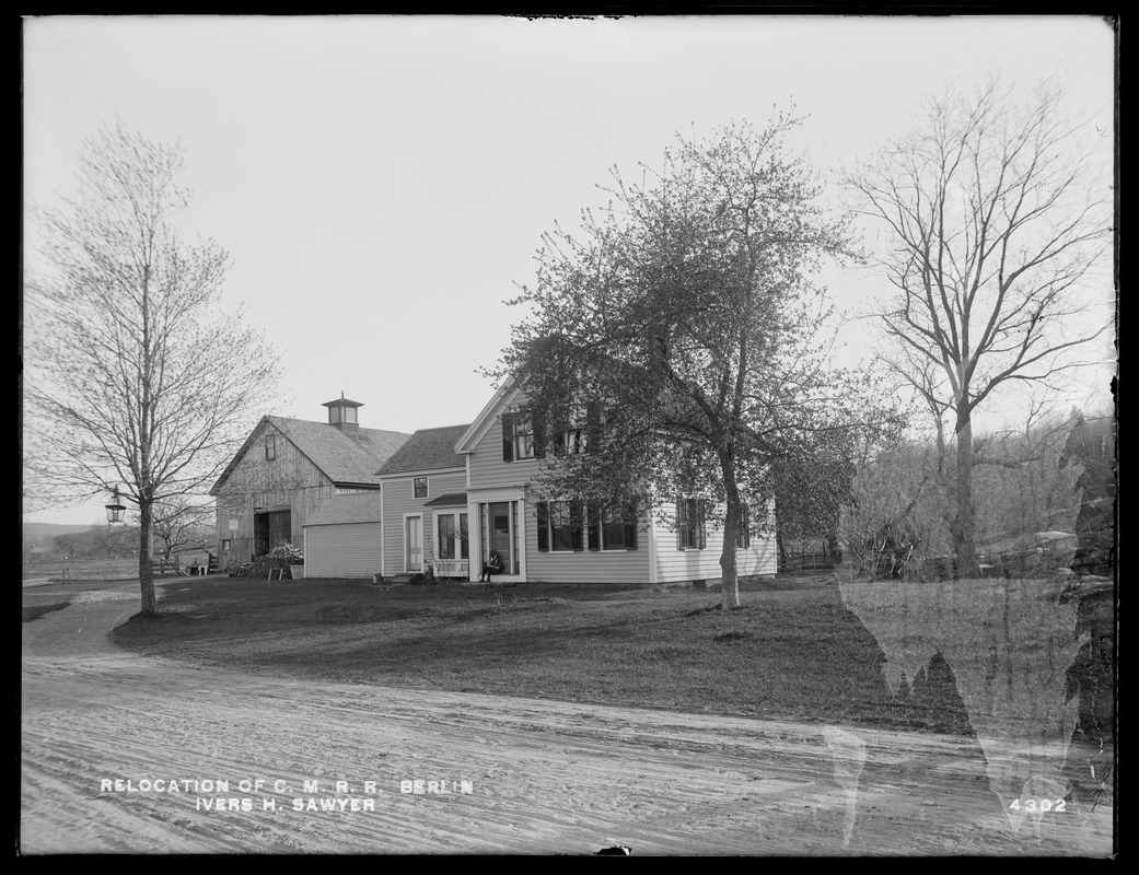 Relocation Central Massachusetts Railroad, Ivers H. Sawyer's house and barn, from Berlin Road, Berlin, Mass., Apr. 28, 1902