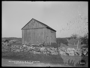 Relocation Central Massachusetts Railroad, Alexander Ohnsman's barn, from Clamshell Road, Clinton, Mass., Apr. 28, 1902