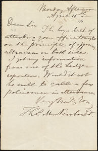 Letter from Thomas Newbould, to James Miller M'Kim, April 15th [1861]