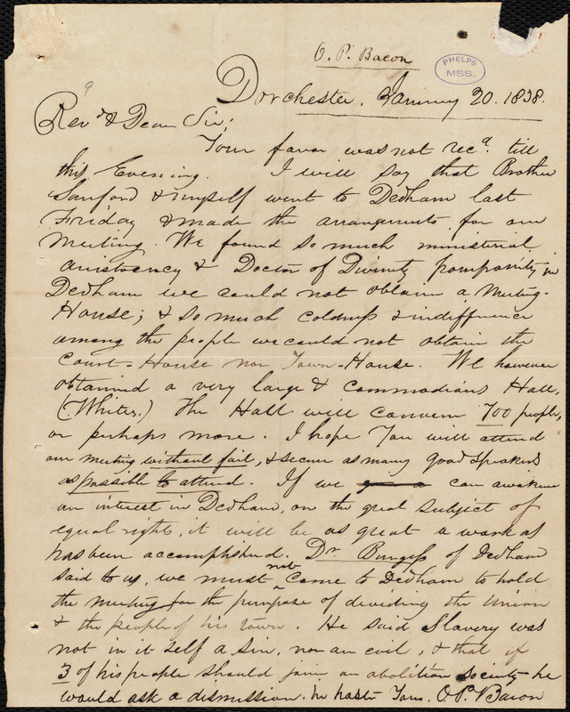 Letter from O. P. Bacon, Dorchester, to Amos Augustus Phelps, January ...