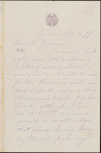 Letter from Helen Magill White, London, [England], to William Lloyd Garrison, Sept[ember] 30. [18]77