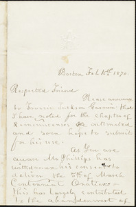 Letter from William Cooper Nell, Boston, [Mass.], to William Lloyd Garrison, Feb[ruary] 16th, 1870