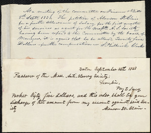 Financial documents from Massachusetts Anti-Slavery Society, Boston, September 20th 1838