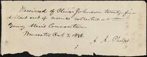 Receipt from Amos Augustus Phelps, Worcester, to Oliver Johnson, Oct. 3, 1838