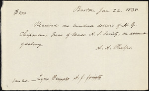 Receipt from Amos Augustus Phelps, Boston, to Henry Grafton Chapman, Jan. 22. 1838