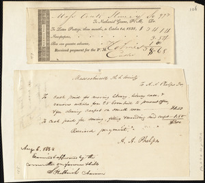 Receipted bills to the Massachusetts Anti-Slavery Society from Amos Augustus Phelps and Nathaniel Greene