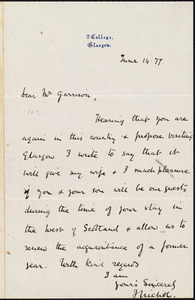 Letter from John Nichol, Glasgow, [Scotland], to William Lloyd Garrison, June 14 - [18]77