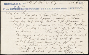Letter from F. A. Nosworthy, Liverpool, [England], to William Lloyd Garrison, 4 Sep[tember] 1867