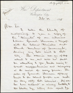 Letter from Edwin McMasters Stanton, Washington, [D.C.], to William Lloyd Garrison, Feb[ruary] 19 1865