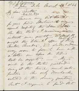 Letter from John Cole Galloway, St. John N.B., to Amos Augustus Phelps ...