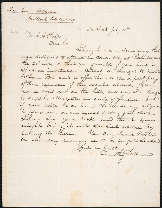 Letter from Timothy Stillman, New York, to Amos Augustus Phelps, July ...